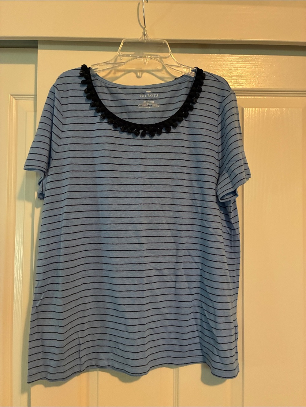 Talbots Light Blue Striped Tee with Black Pom-Pom Neckline